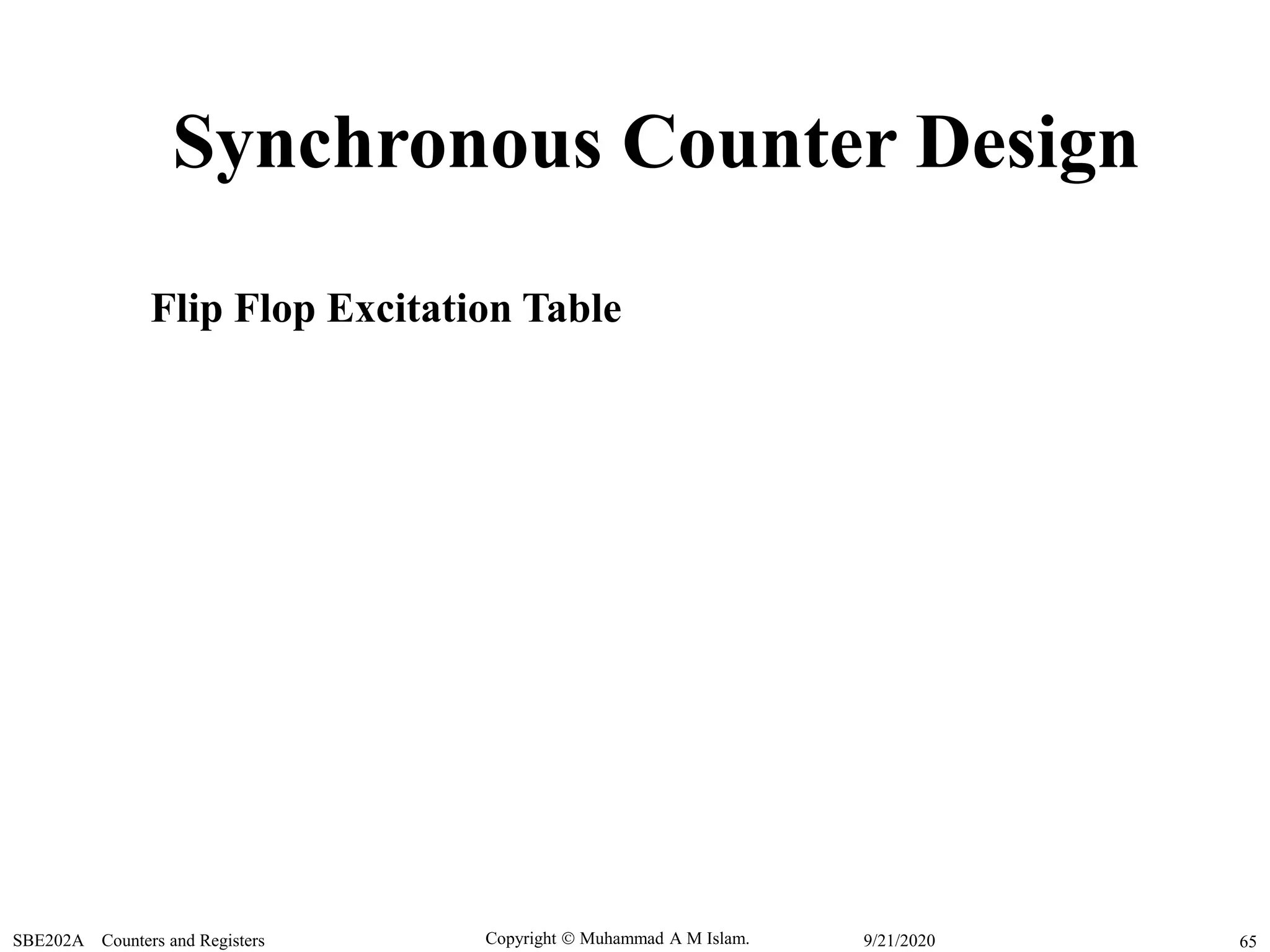 Copyright  Muhammad A M Islam.SBE202A Counters and Registers 659/21/2020
Synchronous Counter Design
Flip Flop Excitation Table
 