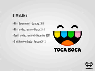 TIMELINE
• First development - January 2011
• First product release - March 2011
• Tenth product released - December 2011
• 5 million downloads - January 2012