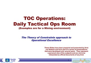 TOC Operations:
                        Daily Tactical Ops Room
                             (Examples are for a Mining environment)


                              The Theory of Constraints approach to
                                     Operational Excellence

                                                These Slides have been prepared and presented by Arrie
                                                 van Niekerk and form part of a series of presentations
                                                that were developed over several years. They represent
                                                    a personal view of the subjects and are not to be
                                                      interpreted as official documents of any kind.

                 Heuristic
                  FLOW
                                                                               1
                                                                          Goldratt Group (Southern Africa) © 2004
Heuristic Flow © 2008
 