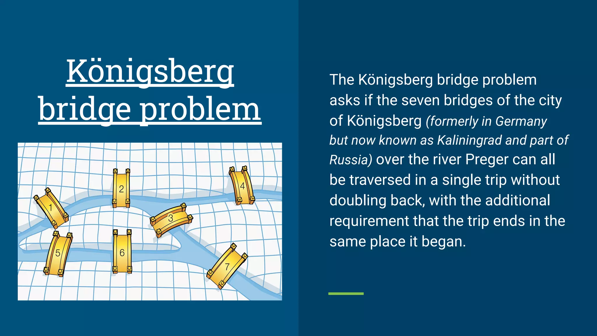 Königsberg
bridge problem
The Königsberg bridge problem
asks if the seven bridges of the city
of Königsberg (formerly in Germany
but now known as Kaliningrad and part of
Russia) over the river Preger can all
be traversed in a single trip without
doubling back, with the additional
requirement that the trip ends in the
same place it began.
 