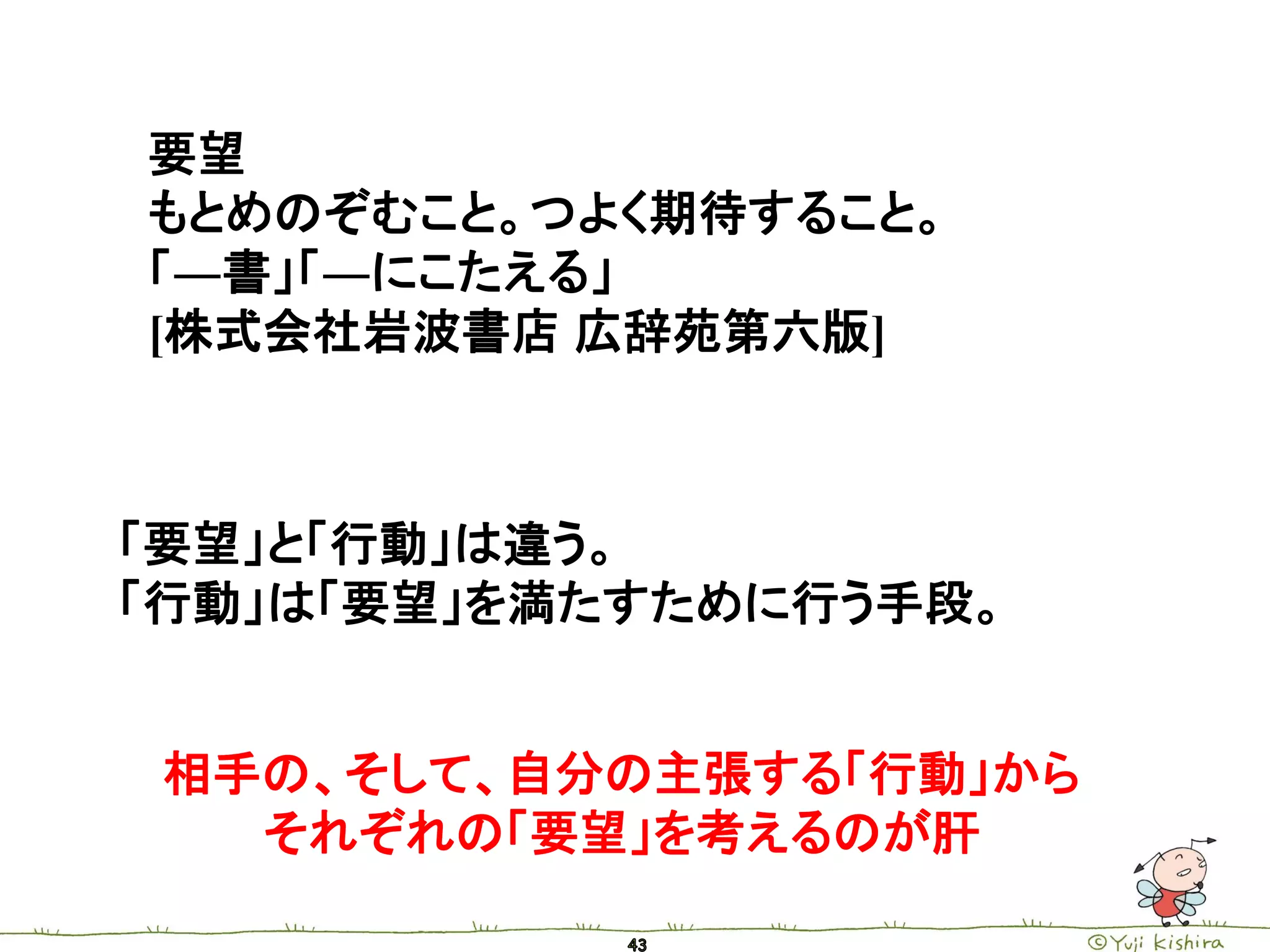 要望
もとめのぞむこと。つよく期待すること。
「―書」「―にこたえる」
[株式会社岩波書店 広辞苑第六版]



「要望」と「行動」は違う。
「行動」は「要望」を満たすために行う手段。


 相手の、そして、自分の主張する「行動」から
   それぞれの「要望」を考えるのが肝
 