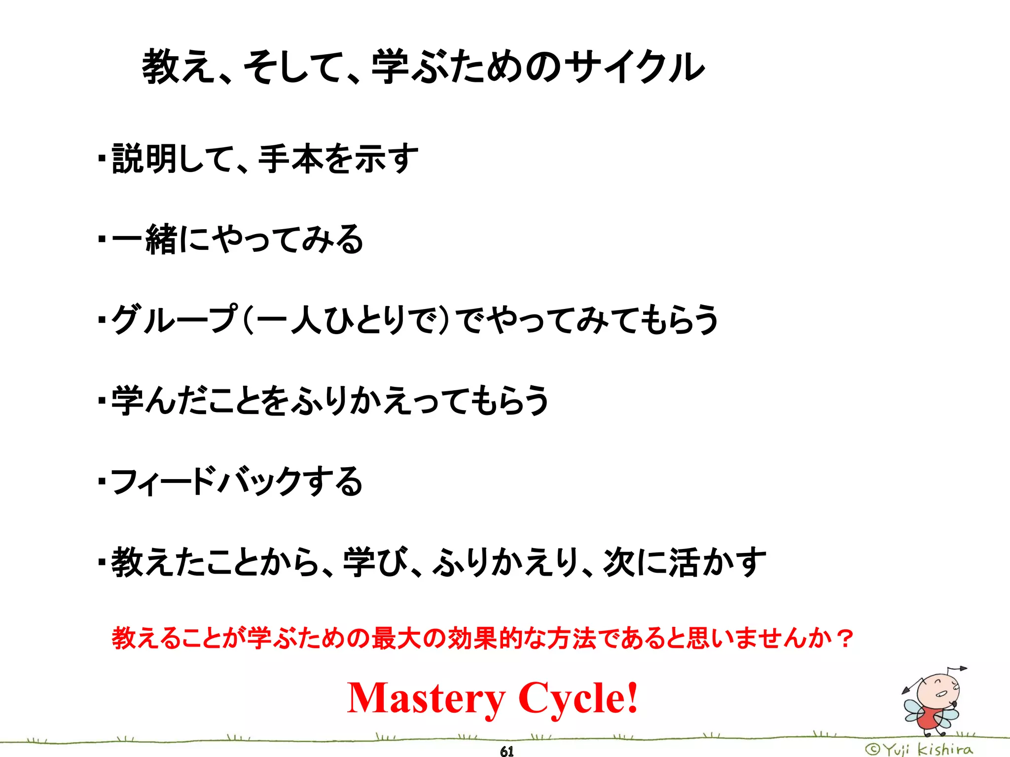 教え、そして、学ぶためのサイクル

・説明して、手本を示す

・一緒にやってみる

・グループ（一人ひとりで）でやってみてもらう

・学んだことをふりかえってもらう

・フィードバックする

・教えたことから、学び、ふりかえり、次に活かす

教えることが学ぶための最大の効果的な方法であると思いませんか？

         Mastery Cycle!
 