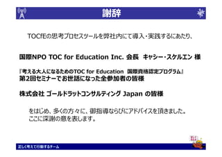 謝辞

  TOCfEの思考プロセスツールを弊社内にて導入・実践するにあたり、


国際NPO TOC for Education Inc. 会長 キャシー・スケルエン 様

『考える大人になるためのTOC for Education 国際資格認定プログラム』
第2回セミナーでお世話になった全参加者の皆様

株式会社 ゴールドラットコンサルティング Japan の皆様

   をはじめ、多くの方々に、御指導ならびにアドバイスを頂きました。
   ここに深謝の意を表します。



正しく考えて行動するチーム
 