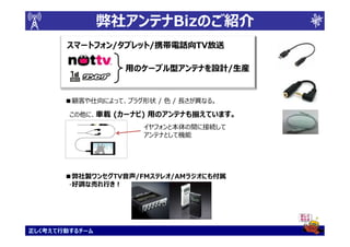弊社アンテナBizのご紹介
       スマートフォン/タブレット/携帯電話向TV放送
       スマートフォン/タブレット/携帯電話向TV放送

                  用のケーブル型アンテナを設計/
                  用のケーブル型アンテナを設計/生産


       ■顧客や仕向によって、プラグ形状 / 色 / 長さが異なる。

        この他に、車載 (カーナビ) 用のアンテナも揃えています。
                      イヤフォンと本体の間に接続して
                      アンテナとして機能




       ■弊社製ワンセグTV音声/FMステレオ/AMラジオにも付属
        ・好調な売れ行き！




正しく考えて行動するチーム
 