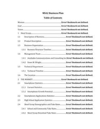 MSA2 Business Plan

                                                Table of Contents
Mission.......................................................................................... Error! Bookmark not defined.
Goal ................................................................................................ Error! Bookmark not defined.
Vision ............................................................................................. Error! Bookmark not defined.
1     Skool Scoop.......................................................................... Error! Bookmark not defined.
1.1         Description of Business..................................................... Error! Bookmark not defined.

1.2         Product Description ........................................................... Error! Bookmark not defined.

1.3         Business Organization ....................................................... Error! Bookmark not defined.

       1.3.1 Business Structure Timeline.................................... Error! Bookmark not defined.

1.4         Management Team ............................................................. Error! Bookmark not defined.

       1.4.1 Autobahn Communications and Consulting Inc.Error! Bookmark not defined.

       1.4.2 Dawn M. Wright ............................................................ Error! Bookmark not defined.

1.5         Technical Department ....................................................... Error! Bookmark not defined.

       1.5.1 Technical Timeline ...................................................... Error! Bookmark not defined.

1.6         The Location .......................................................................... Error! Bookmark not defined.

2     THE MARKET ...................................................................... Error! Bookmark not defined.
2.1         Smartphone Statistics ........................................................ Error! Bookmark not defined.

       2.1.1 Current Statistics.......................................................... Error! Bookmark not defined.

       2.1.2 Smartphone Growth Potential ................................ Error! Bookmark not defined.

2.2         Smartphones Applications Statistics ........................... Error! Bookmark not defined.

2.3         High School Application Statistics ................................ Error! Bookmark not defined.

2.4         Skool Scoop Demographics and Take Rates.............. Error! Bookmark not defined.

       2.4.1 School and Community Take Rates ....................... Error! Bookmark not defined.

       2.4.2 Skool Scoop Download Take Rates ....................... Error! Bookmark not defined.
 