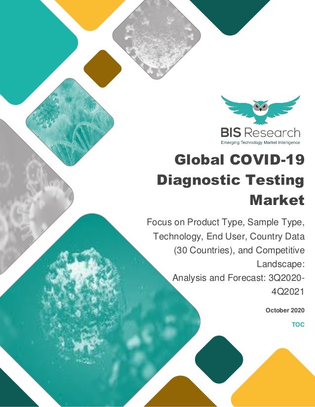 Global COVID-19
Diagnostic Testing
Market
Focus on Product Type, Sample Type,
Technology, End User, Country Data
(30 Countries), and Competitive
Landscape:
Analysis and Forecast: 3Q2020-
4Q2021
October 2020
TOC
 