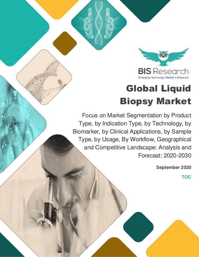 Global Liquid
Biopsy Market
Focus on Market Segmentation by Product
Type, by Indication Type, by Technology, by
Biomarker, by Clinical Applications, by Sample
Type, by Usage, By Workflow, Geographical
and Competitive Landscape: Analysis and
Forecast: 2020-2030
September 2020
TOC
 