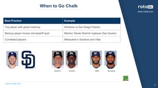 www.rotoql.com
www.rotoql.com
When to Go Chalk
Best Practice Example
Top player with great matchup Kershaw vs San Diego Padres
Backup player moves into leadoff spot Marlins’ Derek Dietrich replaces Dee Gordon
Correlated players Milwaukee’s Santana and Villar
Dietrich Gordon Villar Santana
8
 