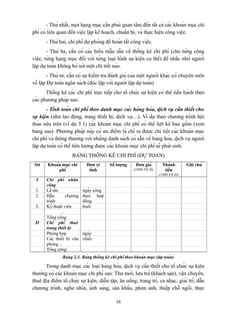- Thứ nhất, mọi hạng mục cần phải quan tâm đến tất cả các khoản mục chi
phí có liên quan đến việc lập kế hoạch, chuẩn bị, và thực hiện công việc.
- Thứ hai, chi phí dự phòng để hoàn tất công việc.
- Thứ ba, cần có các biểu mẫu sẵn về thống kê chi phí (cho từng công
việc, từng hạng mục đối với từng loại hình sự kiện cụ thể) để nhắc nhở người
lập dự toán không bỏ sót một chi tiết nào.
- Thứ tư, cần có sự kiểm tra đánh giá của một người khác có chuyên môn
về lập Dự toán ngân sách (độc lập với người lập dự toán)
Thống kê các chi phí trực tiếp cho tổ chức sự kiện có thể tiến hành theo
các phương pháp sau:
- Tính toán chi phí theo danh mục các hàng hóa, dịch vụ cần thiết cho
sự kiện (như lao động, trang thiết bị, dịch vụ…). Ví dụ theo chương trình hội
thảo nêu trên (ví dụ 5.1) các khoản mục chi phí có thể liệt kê bao gồm (xem
bảng sau). Phương pháp này có ưu điểm là chỉ ra được chi tiết các khoản mục
chi phí và thông thường với những danh sách có sẵn về hàng hóa, dịch vụ người
lập dự toán có thể tiên lượng được các khoản mục chi phí sẽ phát sinh.
BẢNG THỐNG KÊ CHI PHÍ (DỰ TOÁN)
Stt

Khoản mục chi
phí

Đơn vị
tính

Số lượng

Đơn giá
(1000 VN Đ)

Thành
tiền

Ghi chú

(1000 VN Đ)

I
1.
2.
3.
II

Chi phí nhân
công
Lễ tân
Dẫn
chương
trình
Kỹ thuật viên
…
Tổng cộng
Chi phí thuê
trang thiết bị
Phòng họp
Các thiết bị văn
phòng…
Tổng cộng:

ngày công
theo hợp
đồng
buổi

ngày
chiếc

Bảng 2.1. Bảng thống kê chi phí theo khoản mục (dự toán)

Trong danh mục các loại hàng hóa, dịch vụ cần thiết cho tổ chức sự kiện
thường có các khoản mục chi phí sau: Thư mời, lưu trú (khách sạn), vận chuyển,
thuê địa điểm tổ chức sự kiện, diễn tập, ăn uống, trang trí, ca nhạc, giải trí, dẫn
chương trình, nghe nhìn, ánh sáng, sân khấu, phim ảnh, thiếp chỗ ngồi, thực
58

 
