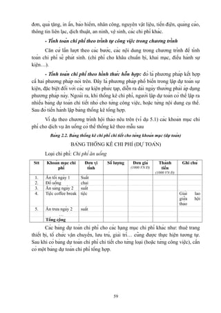 đơn, quà tặng, in ấn, bảo hiểm, nhân công, nguyên vật liệu, tiền điện, quảng cáo,
thông tin liên lạc, dịch thuật, an ninh, vệ sinh, các chi phí khác.
- Tính toán chi phí theo trình tự công việc trong chương trình
Căn cứ lần lượt theo các bước, các nội dung trong chương trình để tính
toán chi phí sẽ phát sinh. (chi phí cho khâu chuẩn bị, khai mạc, điều hành sự
kiện…).
- Tính toán chi phí theo hình thức hỗn hợp: đó là phương pháp kết hợp
cẩ hai phương pháp nói trên. Đây là phương pháp phổ biến trong lập dự toán sự
kiện, đặc biệt đối với các sự kiện phức tạp, diễn ra dài ngày thường phải áp dụng
phương pháp này. Ngoài ra, khi thống kê chi phí, người lập dự toán có thể lập ra
nhiều bảng dự toán chi tiết nhỏ cho từng công việc, hoặc từng nội dung cụ thể.
Sau đó tiến hành lập bảng thống kê tổng hợp.
Ví dụ theo chương trình hội thảo nêu trên (ví dụ 5.1) các khoản mục chi
phí cho dịch vụ ăn uống có thể thống kê theo mẫu sau
Bảng 2.2. Bảng thống kê chi phí chi tiết cho từng khoản mục (dự toán)

BẢNG THỐNG KÊ CHI PHÍ (DỰ TOÁN)
Loại chi phí: Chi phí ăn uống
Stt

Khoản mục chi
phí

Đơn vị
tính

Số lượng

Đơn giá
(1000 VN Đ)

Thành
tiền

Ghi chú

(1000 VN Đ)

1.
2.
3.
4.

Ăn tối ngày 1
Đồ uống
Ăn sáng ngày 2
Tiệc coffee break

Suất
chai
suất
tiệc

5.

Ăn trưa ngày 2
…
Tổng cộng

suất

Giải
giữa
thảo

lao
hội

Các bảng dự toán chi phí cho các hạng mục chi phí khác như: thuê trang
thiết bị, tổ chức vận chuyển, lưu trú, giải trí… cũng được thực hiện tương tự.
Sau khi có bảng dự toán chi phí chi tiết cho từng loại (hoặc từng công việc), cần
có một bảng dự toán chi phí tổng hợp.

59

 
