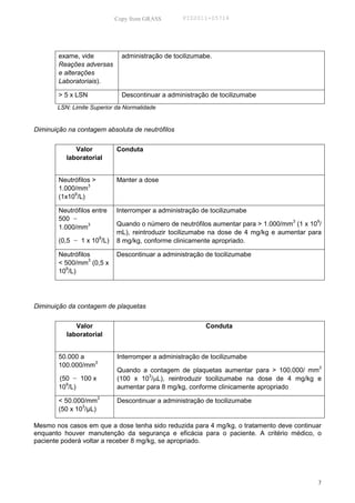 Copy from GRASS       PID2011-05714




        exame, vide           administração de tocilizumabe.
        Reações adversas
        e alterações
        Laboratoriais).

        > 5 x LSN             Descontinuar a administração de tocilizumabe
       LSN: Limite Superior da Normalidade


Diminuição na contagem absoluta de neutrófilos


             Valor          Conduta
          laboratorial


        Neutrófilos >       Manter a dose
        1.000/mm3
             9
        (1x10 /L)

        Neutrófilos entre   Interromper a administração de tocilizumabe
        500 −                                                                       3       9
        1.000/mm
                  3         Quando o número de neutrófilos aumentar para > 1.000/mm (1 x 10 /
                            mL), reintroduzir tocilizumabe na dose de 4 mg/kg e aumentar para
        (0,5 − 1 x 109/L)   8 mg/kg, conforme clinicamente apropriado.

        Neutrófilos         Descontinuar a administração de tocilizumabe
        < 500/mm3 (0,5 x
        109/L)




Diminuição da contagem de plaquetas

             Valor                                       Conduta
          laboratorial


        50.000 a            Interromper a administração de tocilizumabe
        100.000/mm3
                            Quando a contagem de plaquetas aumentar para > 100.000/ mm3
        (50 − 100 x         (100 x 103/µL), reintroduzir tocilizumabe na dose de 4 mg/kg e
          9
        10 /L)              aumentar para 8 mg/kg, conforme clinicamente apropriado

        < 50.000/mm3        Descontinuar a administração de tocilizumabe
        (50 x 103/µL)

Mesmo nos casos em que a dose tenha sido reduzida para 4 mg/kg, o tratamento deve continuar
enquanto houver manutenção da segurança e eficácia para o paciente. A critério médico, o
paciente poderá voltar a receber 8 mg/kg, se apropriado.




                                                                                           7
 