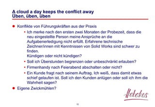 10
A cloud a day keeps the conflict away
Üben, üben, üben
 Konflikte von Führungskräften aus der Praxis
 Ich merke nach den ersten zwei Monaten der Probezeit, dass die
neu eingestellte Person meine Ansprüche an die
Aufgabenerledigung nicht erfüllt. Erfahrene technische
Zeichner/innen mit Kenntnissen von Solid Works sind schwer zu
finden.
Kündigen oder nicht kündigen?
 Soll ich Überstunden begrenzen oder unbeschränkt erlauben?
 Firmenhandy nach Feierabend abschalten oder nicht?
 Ein Kunde fragt nach seinem Auftrag. Ich weiß, dass damit etwas
schief gelaufen ist. Soll ich den Kunden anlügen oder soll ich ihm die
Wahrheit sagen?
 Eigene Zwickmühlen?
 