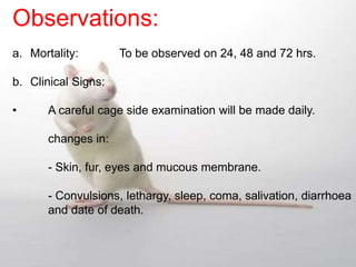 Observations:
a. Mortality: To be observed on 24, 48 and 72 hrs.
b. Clinical Signs:
• A careful cage side examination will be made daily.
changes in:
- Skin, fur, eyes and mucous membrane.
- Convulsions, lethargy, sleep, coma, salivation, diarrhoea
and date of death.
 