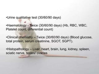 •Urine qualitative test (30/60/90 days)
•Haematology - Twice (30/60/90 days) (Hb, RBC, WBC,
Platelet count, differential count)
•Clinical chemistry – Twice (30/60/90 days) (Blood glucose,
total protein, serum creatinine, SGOT, SGPT).
•Histopathology – Liver, heart, brain, lung, kidney, spleen,
sciatic nerve, testes/ ovaries
 