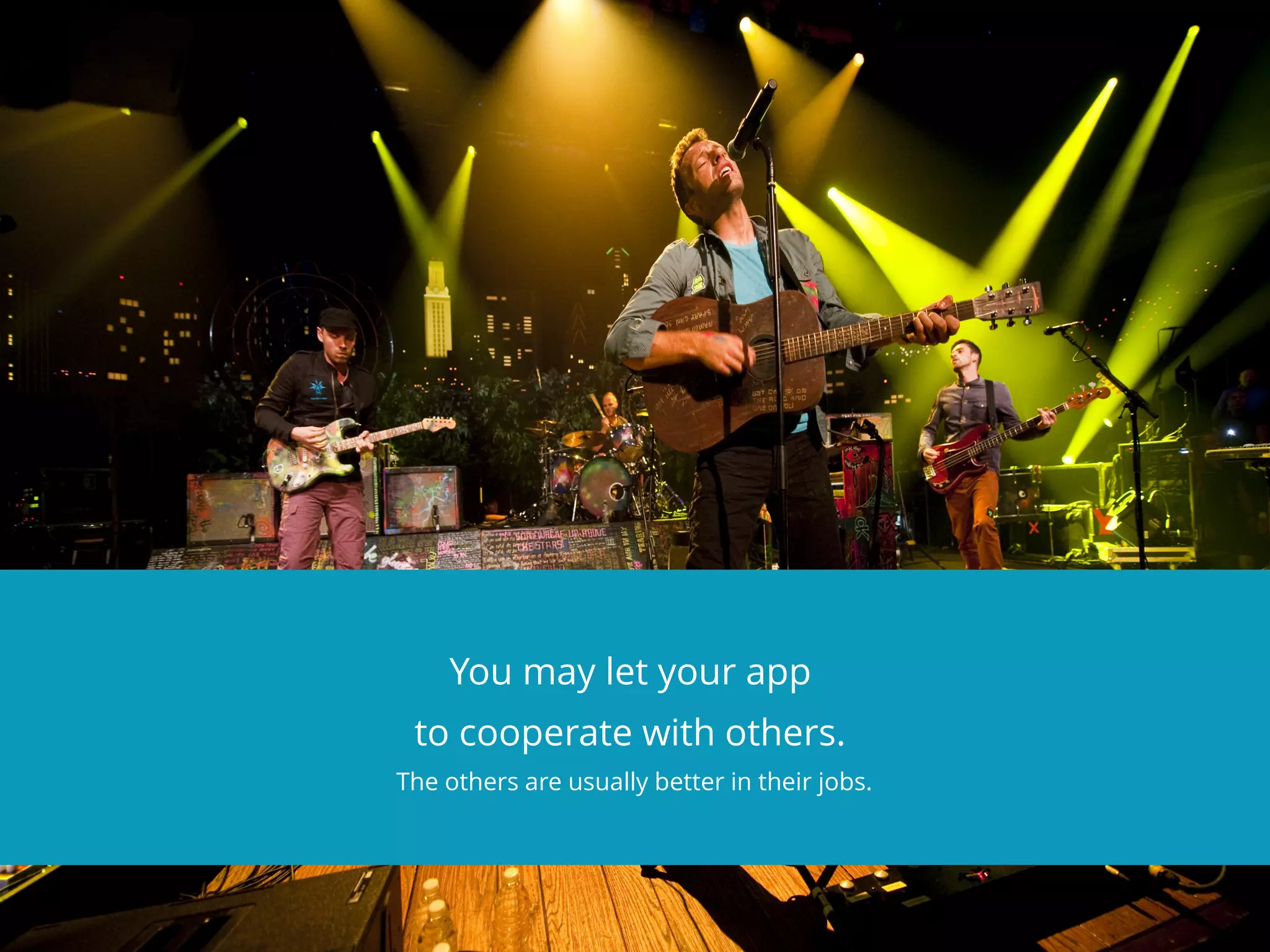 You may let your app
to cooperate with others.
The others are usually better in their jobs.
 