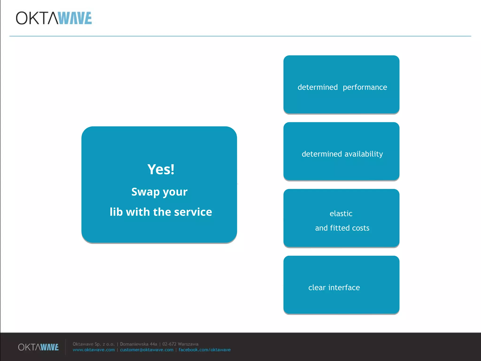 Yes!
Swap your
lib with the service
Yes!
Swap your
lib with the service
determined performancedetermined performance
determined availabilitydetermined availability
elastic
and fitted costs
elastic
and fitted costs
clear interfaceclear interface
 