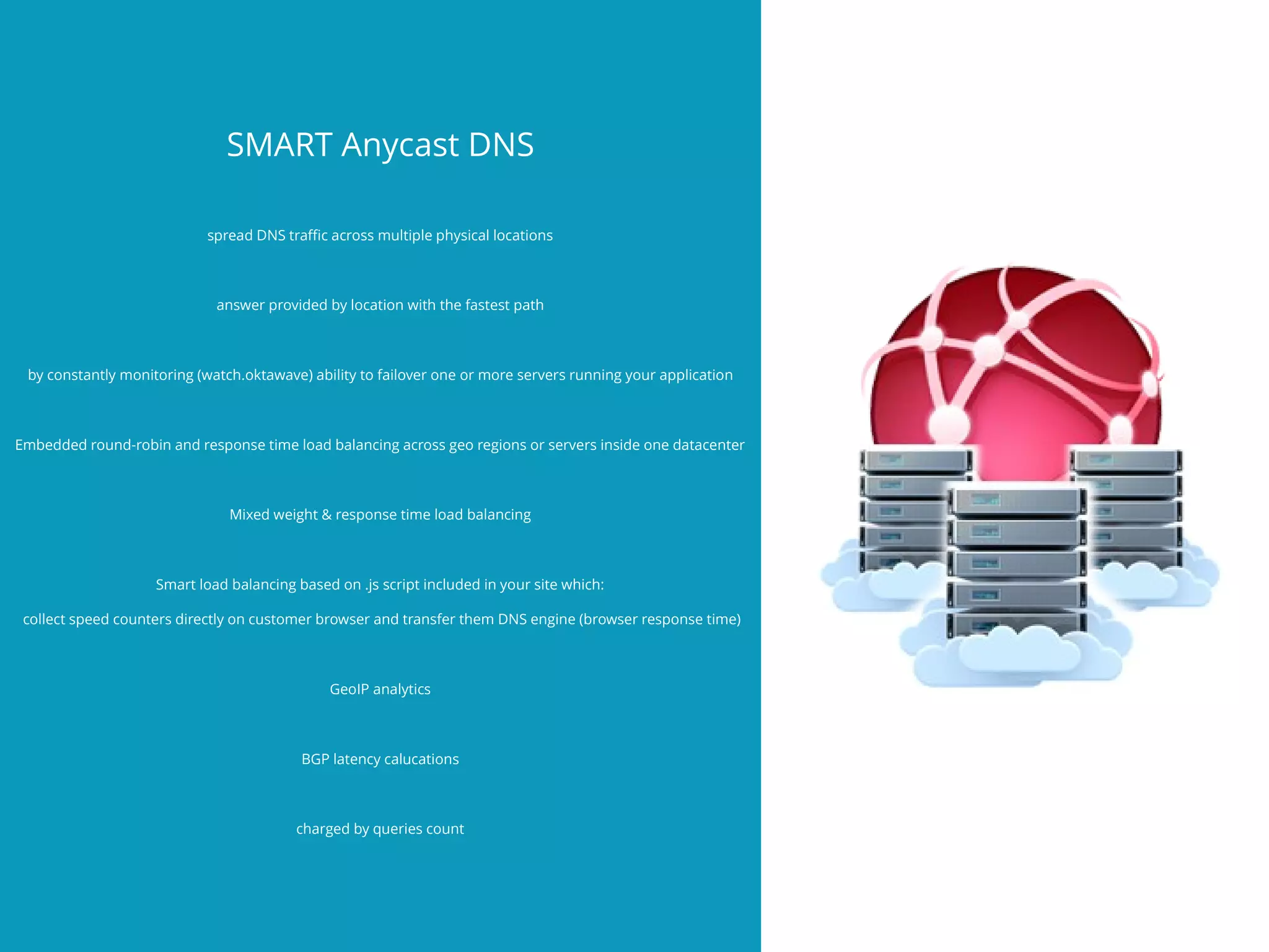 SMART Anycast DNS
spread DNS trafc across multiple physical locations
answer provided by location with the fastest path
by constantly monitoring (watch.oktawave) ability to failover one or more servers running your application
Embedded round-robin and response time load balancing across geo regions or servers inside one datacenter
Mixed weight & response time load balancing
Smart load balancing based on .js script included in your site which:
collect speed counters directly on customer browser and transfer them DNS engine (browser response time)
GeoIP analytics
BGP latency calucations
charged by queries count
 
