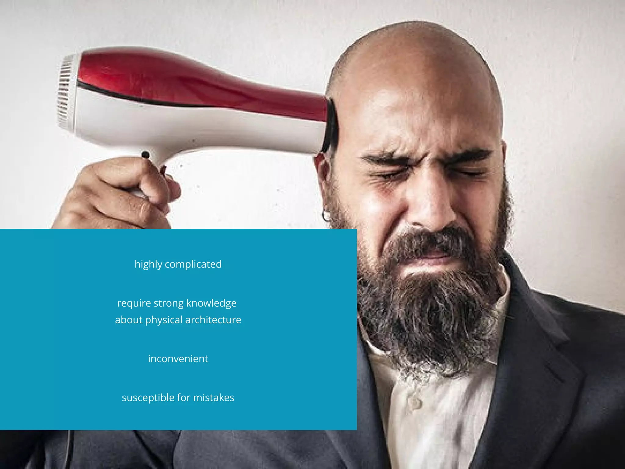 highly complicated
require strong knowledge
about physical architecture
inconvenient
susceptible for mistakes
 