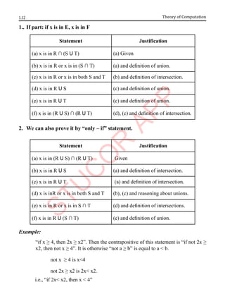 1.12 Theory of Computation
1.. If part: if x is in E, x is in F
Statement Justification
(a) x is in R ∩ (S U T) (a) Given
(b) x is in R or x is in (S ∩ T) (a) and definition of union.
(c) x is in R or x is in both S and T (b) and definition of intersection.
(d) x is in R U S (c) and definition of union.
(e) x is in R U T (c) and definition of union.
(f) x is in (R U S) ∩ (R U T) (d), (c) and definition of intersection.
2. We can also prove it by “only – if” statement.
Statement Justification
(a) x is in (R U S) ∩ (R U T) Given
(b) x is in R U S (a) and definition of intersection.
(c) x is in R U T (a) and definition of intersection.
(d) x is inR or x is in both S and T (b), (c) and reasoning about unions.
(e) x is in R or x is in S ∩ T (d) and definition of intersections.
(f) x is in R U (S ∩ T) (e) and definition of union.
Example:
“if x ≥ 4, then 2x ≥ x2”. Then the contrapositive of this statement is “if not 2x ≥
x2, then not x ≥ 4”. It is otherwise “not a ≥ b” is equal to a < b.
not x ≥ 4 is x<4
not 2x ≥ x2 is 2x< x2.
i.e., “if 2x< x2, then x < 4”
 