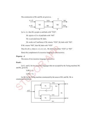 M2
M1
The construction of M1 and M2 are given as,
w L
L
YES NO
w L NO YES
R R
Let w L, then M1 accepts w and halts with “YES”.
M1 rejects w if w Land halts with “NO”
M2 is activated once M1 halts.
M2 works on L and hence if M1 returns “YES”, M2 halts with “NO”.
If M1 returns “NO”, then M2 halts with “YES”
Thus for all w, where w L or w L , M2 halts with either “YES” or “NO”
Hence the complement of a recursive language is also recursive.
Property – 4
The union of two recursive language is recursive.
Proof:-
Let L1 and L2 be two recursive languages that are accepted by the Turing machines M1
and M2, given by
L(M1) = L1
L(M2) = L2
Let M3 be the Turing machine constructed by the union of M1 and M2. M3 is
constructed as follows.
YE
NO
YES
NO
wєΣ*
M3
YES
NO
M2
M1
 