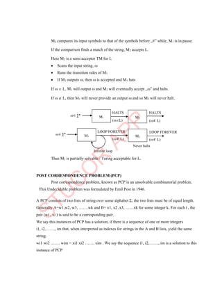 M1
LOOP FOREVER
( L)
M2
M2 compares its input symbols to that of the symbols before „#‟ while, M1 is in pause.
If the comparison finds a match of the string, M2 accepts L.
Here M2 is a semi acceptor TM for L
 Scans the input string, 
 Runs the transition rules of M1
 If M1 outputs , then  is accepted and M1 hats
If   L, M1 will output  and M2 will eventually accept „‟ and halts.
If   L, then M1 will never provide an output  and so M2 will never halt.
 ∑*
 ∑*
HALTS
(L)
Infinite loop
HALTS
( L)
LOOP FOREVER
( L)
Never halts
Thus M2 is partially solvable / Turing acceptable for L.
POST CORRESPONDENCE PROBLEM (PCP)
Post correspondence problem, known as PCP is an unsolvable combinatorial problem.
This Undecidable problem was formulated by Emil Post in 1946.
A PCP consists of two lists of string over some alphabet Σ; the two lists must be of equal length.
Generally A=w1,w2, w3, …….wk and B= x1, x2 ,x3, ……xk for some integer k. For each i , the
pair (wi , xi ) is said to be a corresponding pair.
We say this instances of PCP has a solution, if there is a sequence of one or more integers
i1, i2,……., im that, when interpreted as indexes for strings in the A and B lists, yield the same
string.
wi1 wi2 ……. wim = xi1 xi2 ……. xim . We say the sequence i1, i2,……., im is a solution to this
instance of PCP
M2
M1
 
