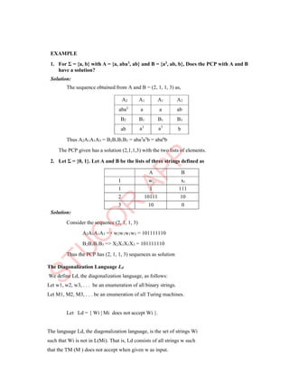 EXAMPLE
1. For Σ = {a, b} with A = {a, aba3, ab} and B = {a3, ab, b}, Does the PCP with A and B
have a solution?
Solution:
The sequence obtained from A and B = (2, 1, 1, 3) as,
A2 A1 A1 A3
aba3 a a ab
B2 B1 B1 B3
ab a3
a3
b
Thus A2A1A1A3 = B2B1B1B3 = aba3a3b = aba6b
The PCP given has a solution (2,1,1,3) with the two lists of elements.
2. Let Σ = {0, 1}. Let A and B be the lists of three strings defined as
A B
I wi xi
1 1 111
2 10111 10
3 10 0
Solution:
Consider the sequence (2, 1, 1, 3)
A2A1A1A3 => w2w1w1w3 = 101111110
B2B1B1B3 => X2X1X1X3 = 101111110
Thus the PCP has (2, 1, 1, 3) sequences as solution
The Diagonalization Language Ld
We define Ld, the diagonalization language, as follows:
Let w1, w2, w3, . . . be an enumeration of all binary strings.
Let M1, M2, M3, . . . be an enumeration of all Turing machines.
Let Ld = { Wi | Mi does not accept Wi }.
The language Ld, the diagonalization language, is the set of strings Wi
such that Wi is not in L(Mi). That is, Ld consists of all strings w such
that the TM (M ) does not accept when given w as input.
 