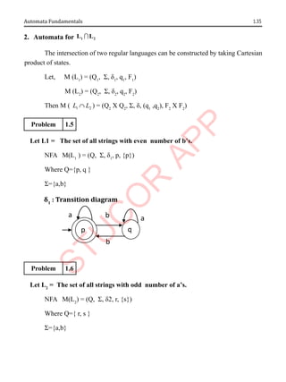 1.35
Automata Fundamentals
2. Automata for 1 2
L L

The intersection of two regular languages can be constructed by taking Cartesian
product of states.
Let, M (L1
) = (Q1
, Σ, δ1
, q1
, F1
)
M (L2
) = (Q2
, Σ, δ2
, q2
, F2
)
Then M ( 1 2
L L
∩ ) = (Q2
X Q2
, Σ, δ, (q1
,q2
), F2
X F2
)
Problem 1.5
Let L1 = The set of all strings with even number of b’s.
NFA M(L1
) = (Q, Σ, δ1
, p, {p})
Where Q={p, q }
Σ={a,b}
δ1
: Transition diagram
Problem 1.6
Let L2
= The set of all strings with odd number of a’s.
NFA M(L2
) = (Q, Σ, δ2, r, {s})
Where Q={ r, s }
Σ={a,b}
a
b
b
p q
a
 