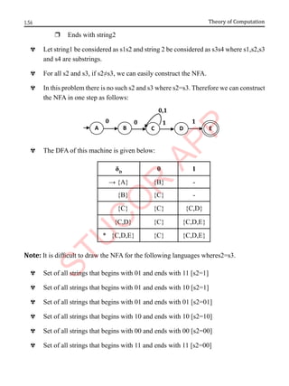 1.56 Theory of Computation
r Ends with string2
^ Let string1 be considered as s1s2 and string 2 be considered as s3s4 where s1,s2,s3
and s4 are substrings.
^ For all s2 and s3, if s2≠s3, we can easily construct the NFA.
^ In this problem there is no such s2 and s3 where s2=s3. Therefore we can construct
the NFA in one step as follows:
^ The DFA of this machine is given below:
δD
0 1
→ {A} {B} -
{B} {C} -
{C} {C} {C,D}
{C,D} {C} {C,D,E}
* {C,D,E} {C} {C,D,E}
Note: It is difficult to draw the NFA for the following languages wheres2=s3.
^ Set of all strings that begins with 01 and ends with 11 [s2=1]
^ Set of all strings that begins with 01 and ends with 10 [s2=1]
^ Set of all strings that begins with 01 and ends with 01 [s2=01]
^ Set of all strings that begins with 10 and ends with 10 [s2=10]
^ Set of all strings that begins with 00 and ends with 00 [s2=00]
^ Set of all strings that begins with 11 and ends with 11 [s2=00]
1
1
0
0
A B C D E
0,1
 