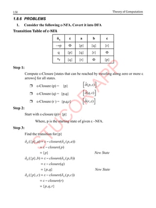 1.58 Theory of Computation
1.8.6 PROBLEMS
1. Consider the following ε-NFA. Covert it into DFA
Transition Table of ε-NFA
δN
ε a b c
→p Ф {p} {q} {r}
q {p} {q} {r} Ф
*r {q} {r} Ф {p}
Step 1:
Compute ε-Closure [states that can be reached by traveling along zero or more ε
arrows] for all states.
r ε-Closure (p) = {p}
ˆ( , )
p
d e
 
 
r ε-Closure (q) = {p,q}
ˆ( , )
q
d e
 
 
r ε-Closure (r ) = {p,q,r} ˆ( , )
r
d e
 
 
Step 2:
Start with ε-closure (p)= {p}
Where, p is the starting state of given ε –NFA.
Step 3:
Find the transition for{p}
({ }, ) ( ( , ))
( )
{ }
({ }, ) ( ( , ))
( )
D N
D N
p a closure p a
closure p
p New State
p b closure p b
closure q
d e d
e
d e d
e
= −
= −
=
= −
= −
{ , }
({ }, ) ( ( , ))
( )
{ , , }
D N
p q New State
p c closure p c
closure r
p q r
d e d
e
=
= −
= −
=
 