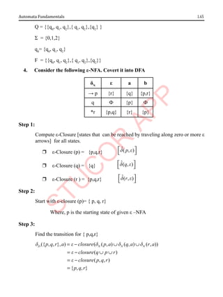 1.65
Automata Fundamentals
Q = {{q0
, q1
, q2
},{ q1
, q2
},{q2
} }
Σ = {0,1,2}
q0
= {q0
, q1
, q2
}
F = {{q0
, q1
, q2
},{ q1
, q2
},{q2
}}
4. Consider the following ε-NFA. Covert it into DFA
δN
ε a b
→ p {r} {q} {p,r}
q Ф {p} Ф
*r {p,q} {r} {p}
Step 1:
Compute ε-Closure [states that can be reached by traveling along zero or more ε
arrows] for all states.
r ε-Closure (p) = {p,q,r}
ˆ( , )
p
d e
 
 
r ε-Closure (q) = {q}
ˆ( , )
q
d e
 
 
r ε-Closure (r ) = {p,q,r} ˆ( , )
r
d e
 
 
Step 2:
Start with ε-closure (p)= { p, q, r}
Where, p is the starting state of given ε –NFA
Step 3:
Find the transition for { p,q,r}
({ , , }, ) ( ( , ) ( , ) ( , ))
( )
( , , )
{ , , }
D N N N
p q r a closure p a q a r a
closure q p r
closure p q r
p q r
d e d d d
e
e
= − ∪ ∪
= − ∪ ∪
= −
=
 
