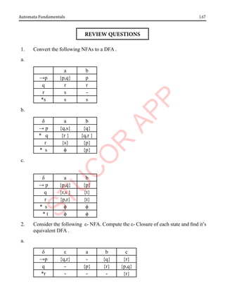 1.67
Automata Fundamentals
1. Convert the following NFAs to a DFA .
a.
a b
→p {p,q} p
q r r
r s -
*s s s
b.
δ a b
→ p {q,s} {q}
* q {r } {q,r }
r {s} {p}
* s ϕ {p}
c.
δ a b
→ p {p,q} {p}
q {r,s } {t}
r {p,r} {t}
* s ϕ ϕ
* t ϕ ϕ
2. Consider the following ε- NFA. Compute the ε- Closure of each state and find it’s
equivalent DFA .
a.
δ ε a b c
→p {q,r} - {q} {r}
q - {p} {r} {p,q}
*r - - - {r}
REVIEW QUESTIONS
 