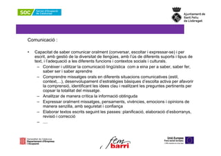 Comunicació :

•   Capacitat de saber comunicar oralment (conversar, escoltar i expressar-se) i per
    escrit, amb gestió de la diversitat de llengües, amb l’ús de diferents suports i tipus de
    text, i l’adequació a les diferents funcions i contextos socials i culturals.
      – Conèixer i utilitzar la comunicació lingüística com a eina per a saber, saber fer,
         saber ser i saber aprendre
      – Comprendre missatges orals en diferents situacions comunicatives (estil,
         context,...), desenvolupament d’estratègies bàsiques d’escolta activa per afavorir
         la comprensió, identificant les idees clau i realitzant les preguntes pertinents per
         copsar la totalitat del missatge.
      – Analitzar de manera crítica la informació obtinguda
      – Expressar oralment missatges, pensaments, vivències, emocions i opinions de
         manera senzilla, amb seguretat i confiança
      – Elaborar textos escrits seguint les passes: planificació, elaboració d’esborranys,
         revisió i correcció
      – ....
 