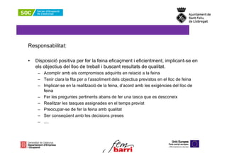 Responsabilitat:

•   Disposició positiva per fer la feina eficaçment i eficientment, implicant-se en
    els objectius del lloc de treball i buscant resultats de qualitat.
     – Acomplir amb els compromisos adquirits en relació a la feina
     – Tenir clara la fita per a l’assoliment dels objectius previstos en el lloc de feina
     – Implicar-se en la realització de la feina, d’acord amb les exigències del lloc de
       feina
     – Fer les preguntes pertinents abans de fer una tasca que es desconeix
     – Realitzar les tasques assignades en el temps previst
     – Preocupar-se de fer la feina amb qualitat
     – Ser conseqüent amb les decisions preses
     – ....
 