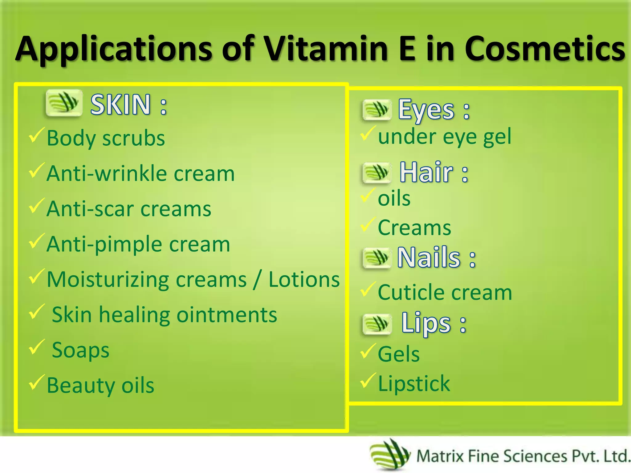 Applications of Vitamin E in Cosmetics
under eye gel
oils
Creams
Cuticle cream
Gels
Lipstick
Body scrubs
Anti-wrinkle cream
Anti-scar creams
Anti-pimple cream
Moisturizing creams / Lotions
 Skin healing ointments
 Soaps
Beauty oils
 