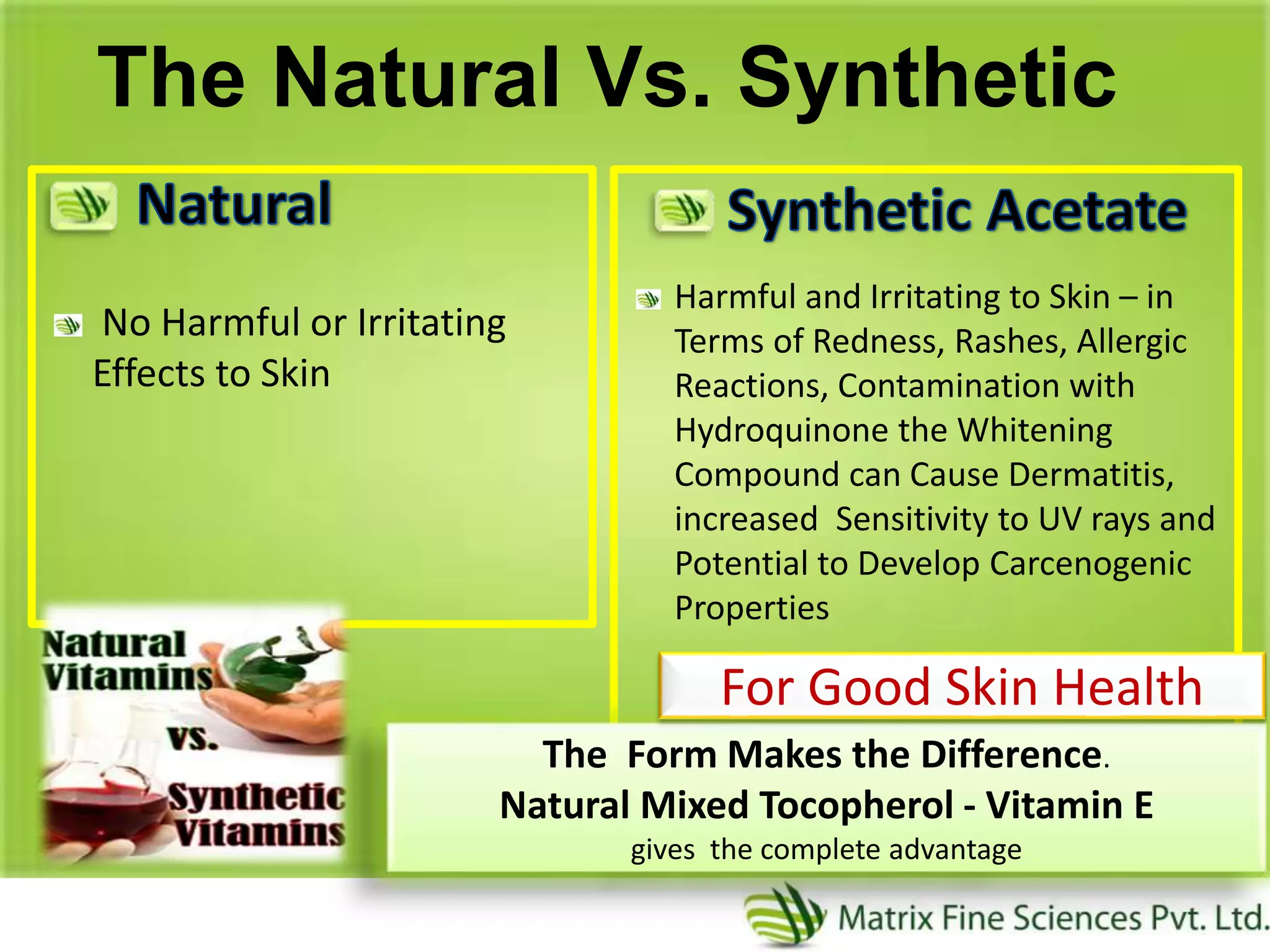 No Harmful or Irritating
Effects to Skin
Harmful and Irritating to Skin – in
Terms of Redness, Rashes, Allergic
Reactions, Contamination with
Hydroquinone the Whitening
Compound can Cause Dermatitis,
increased Sensitivity to UV rays and
Potential to Develop Carcenogenic
Properties
The Natural Vs. Synthetic
The Form Makes the Difference.
Natural Mixed Tocopherol - Vitamin E
gives the complete advantage
For Good Skin Health
 