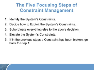 The Five Focusing Steps of
Constraint Management
1. Identify the System’s Constraints.
2. Decide how to Exploit the System’s Constraints.
3. Subordinate everything else to the above decision.
4. Elevate the System’s Constraints.
5. If in the previous steps a Constraint has been broken, go
back to Step 1.
 