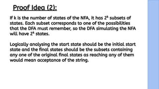 11
Proof Idea (2):
If k is the number of states of the NFA, it has 2k
subsets of
states. Each subset corresponds to one of the possibilities
that the DFA must remember, so the DFA simulating the NFA
will have 2k
states.
Logically analysing the start state should be the initial start
state and the final states should be the subsets containing
any one of the original final states as reaching any of them
would mean acceptance of the string.
 