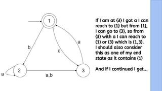 7
If I am at {3} I got a I can
reach to {1} but from {1},
I can go to {3}, so from
{3} with a I can reach to
{1} or {3} which is {1,3}.
I should also consider
this as one of my end
state as it contains {1}
And if I continued I get...
 