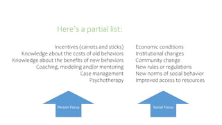 Incentives (carrots and sticks)
Knowledge about the costs of old behaviors
Knowledge about the benefits of new behaviors
C...