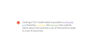 Creating a TOC model makes it possible to articulate
and therefore scrutinize the theories that underlie
claims about how ...
