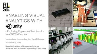 Research Institutes of Sweden
ENABLING VISUAL
ANALYTICS WITH
- Exploring Regression Test Results
in ASIC Verification
Markus Borg, Andreas Brytting, Daniel Hansson
November 17, 2017
Swedish Institute of Computer Science
Software and Systems Engineering Laboratory
 