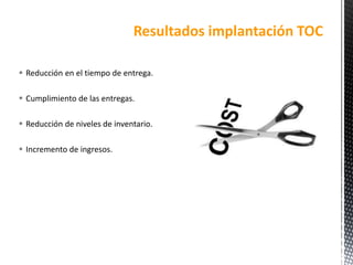  Reducción en el tiempo de entrega.
 Cumplimiento de las entregas.
 Reducción de niveles de inventario.
 Incremento de ingresos.
Resultados implantación TOC
 