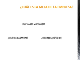 ¿CUÁL ES LA META DE LA EMPRESA?
¿EMPLEADOS MOTIVADOS?
¿CLIENTES SATISFECHOS?¿MEJORES GANANCIAS?
 