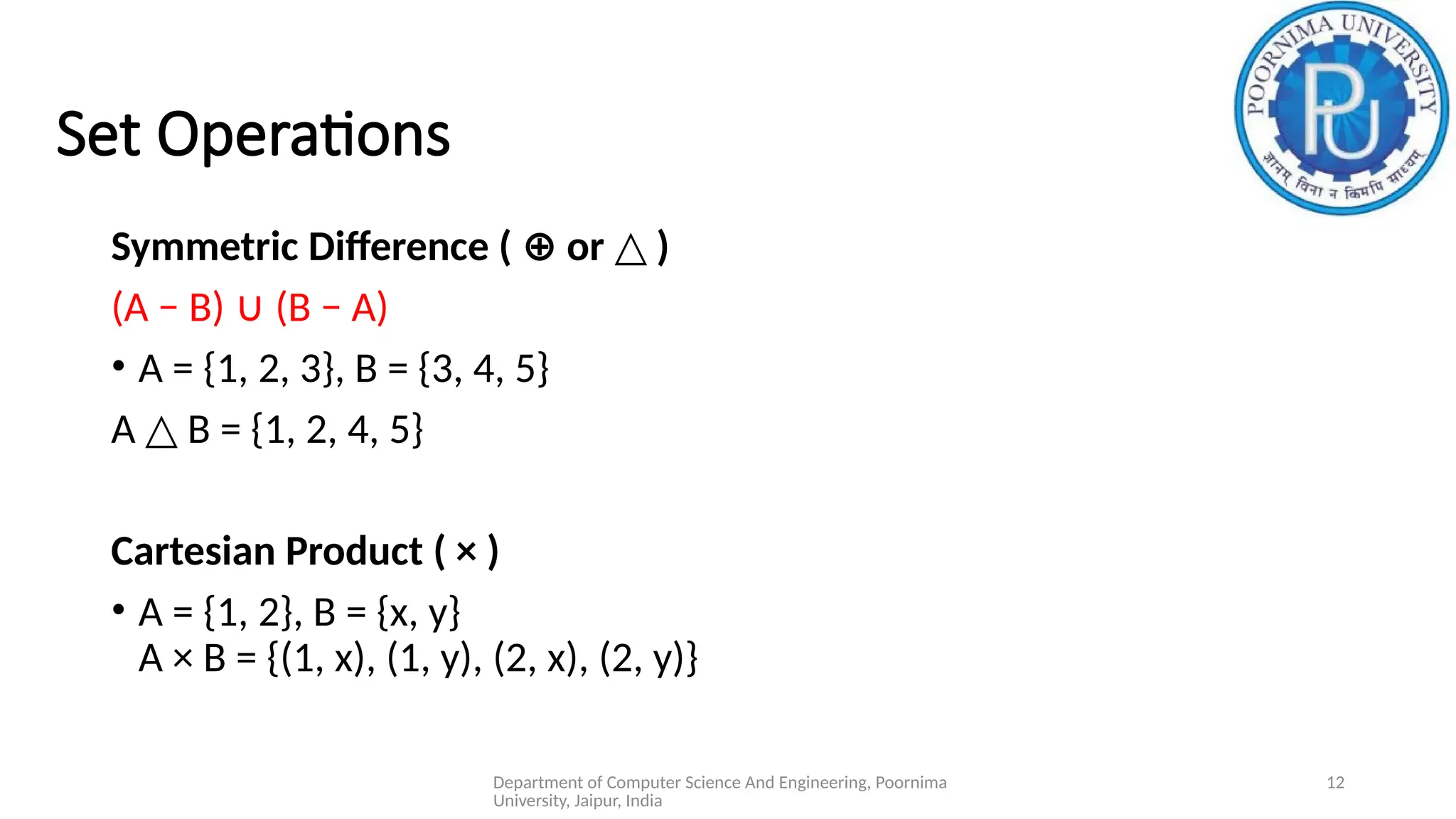 Department of Computer Science And Engineering, Poornima
University, Jaipur, India
12
Set Operations
Symmetric Difference ( or )
⊕ △
(A − B) (B − A)
∪
• A = {1, 2, 3}, B = {3, 4, 5}
A B = {1, 2, 4, 5}
△
Cartesian Product ( × )
• A = {1, 2}, B = {x, y}
A × B = {(1, x), (1, y), (2, x), (2, y)}
 