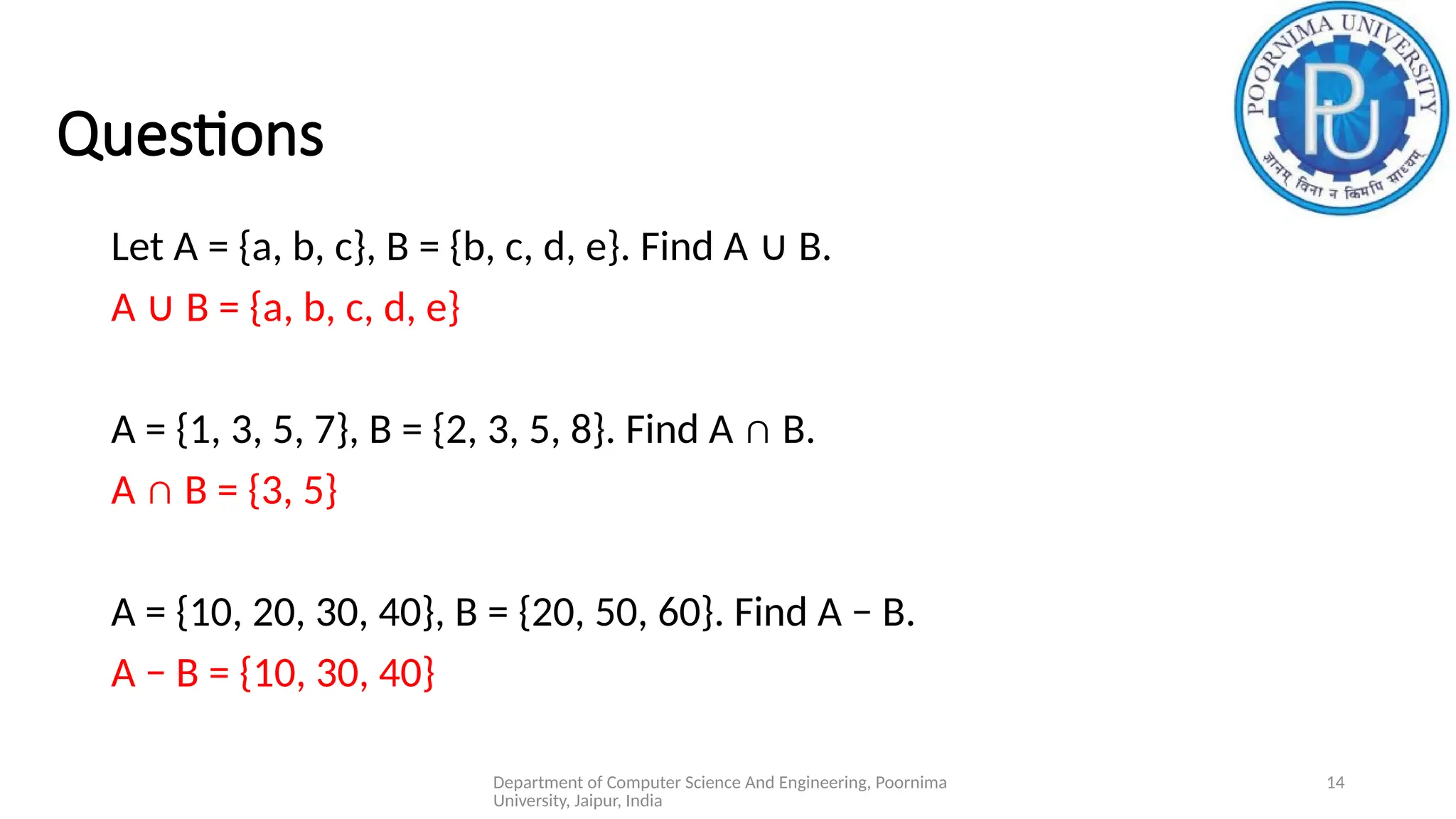 Department of Computer Science And Engineering, Poornima
University, Jaipur, India
14
Questions
Let A = {a, b, c}, B = {b, c, d, e}. Find A B.
∪
A B = {a, b, c, d, e}
∪
A = {1, 3, 5, 7}, B = {2, 3, 5, 8}. Find A ∩ B.
A ∩ B = {3, 5}
A = {10, 20, 30, 40}, B = {20, 50, 60}. Find A − B.
A − B = {10, 30, 40}
 