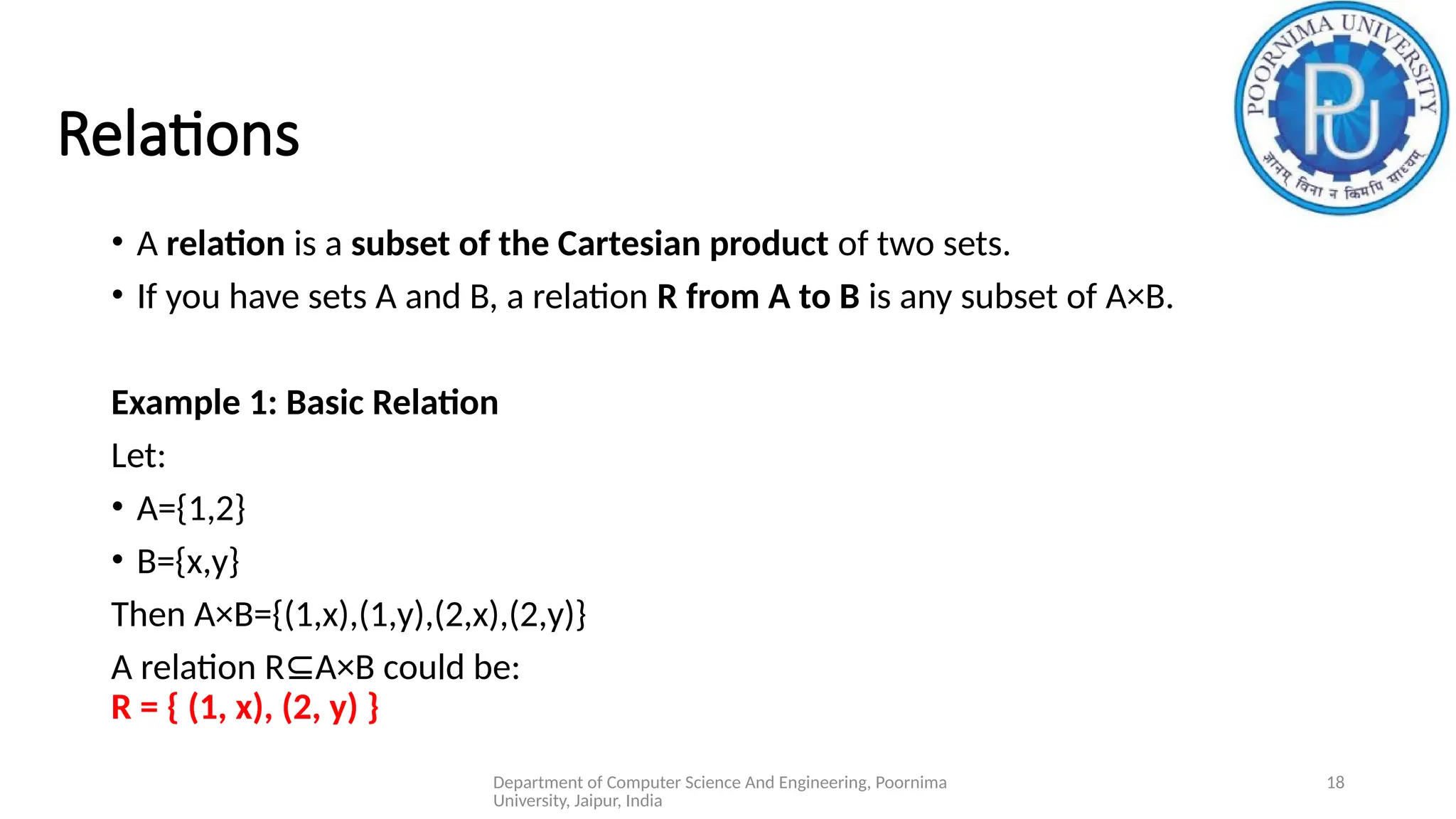 Department of Computer Science And Engineering, Poornima
University, Jaipur, India
18
Relations
• A relation is a subset of the Cartesian product of two sets.
• If you have sets A and B, a relation R from A to B is any subset of A×B.
Example 1: Basic Relation
Let:
• A={1,2}
• B={x,y}
Then A×B={(1,x),(1,y),(2,x),(2,y)}
A relation R A×B could be:
⊆
R = { (1, x), (2, y) }
 