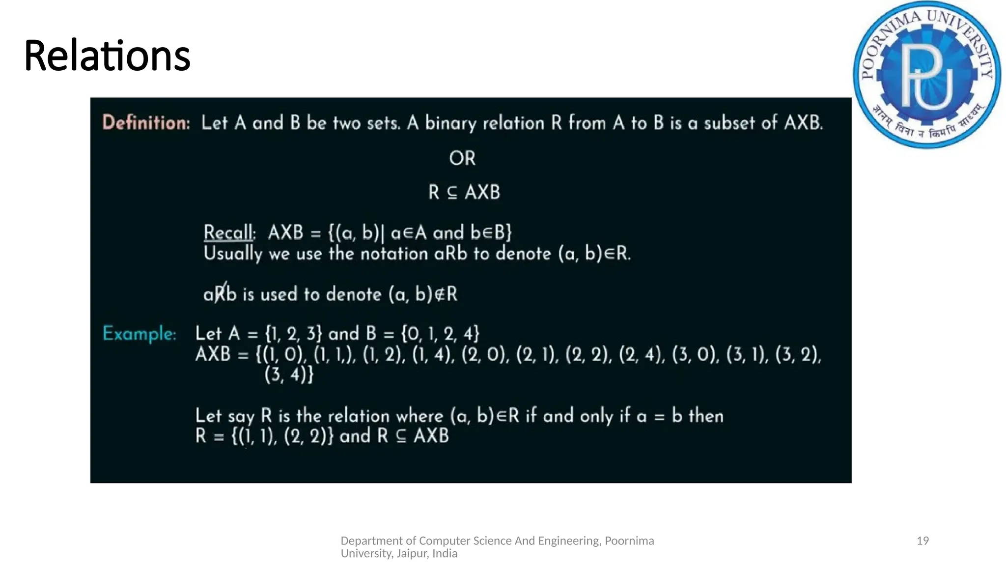 Department of Computer Science And Engineering, Poornima
University, Jaipur, India
19
Relations
 