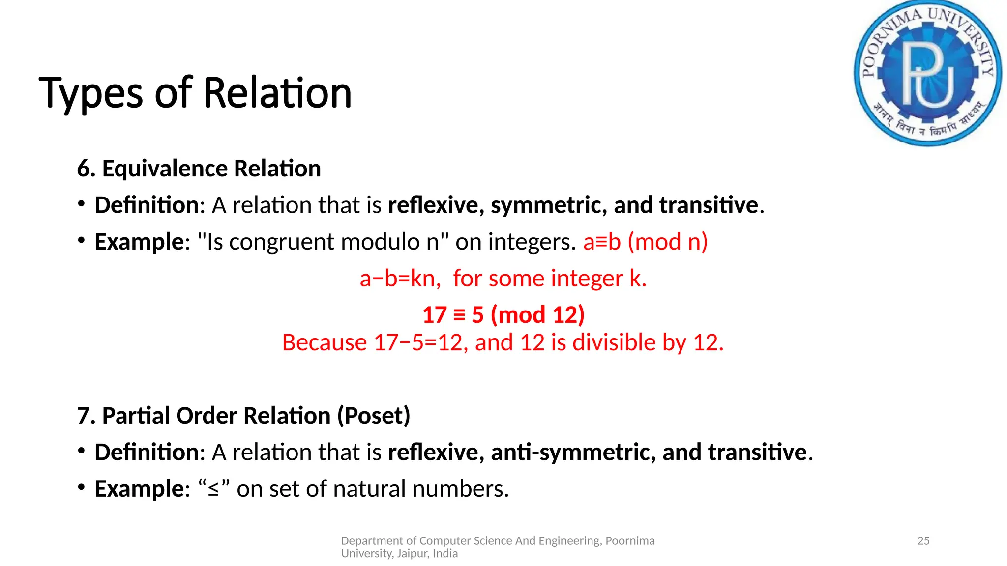 Department of Computer Science And Engineering, Poornima
University, Jaipur, India
25
Types of Relation
6. Equivalence Relation
• Definition: A relation that is reflexive, symmetric, and transitive.
• Example: "Is congruent modulo n" on integers. a≡b (mod n)
a−b=kn, for some integer k.
17 ≡ 5 (mod 12)
Because 17−5=12, and 12 is divisible by 12.
7. Partial Order Relation (Poset)
• Definition: A relation that is reflexive, anti-symmetric, and transitive.
• Example: “≤” on set of natural numbers.
 