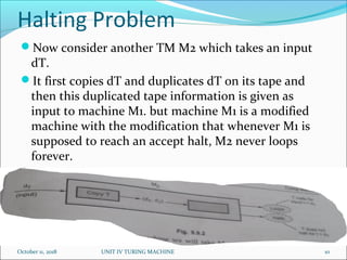 Halting Problem
October 11, 2018 UNIT IV TURING MACHINE 10
Now consider another TM M2 which takes an input
dT.
It first copies dT and duplicates dT on its tape and
then this duplicated tape information is given as
input to machine M1. but machine M1 is a modified
machine with the modification that whenever M1 is
supposed to reach an accept halt, M2 never loops
forever.
It loops if T halts for input t=dT and halts if T does
not halt for T=dT.
 