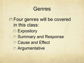 Genres
Four genres will be covered
in this class:
Expository
Summary and Response
Cause and Effect
Argumentative
 